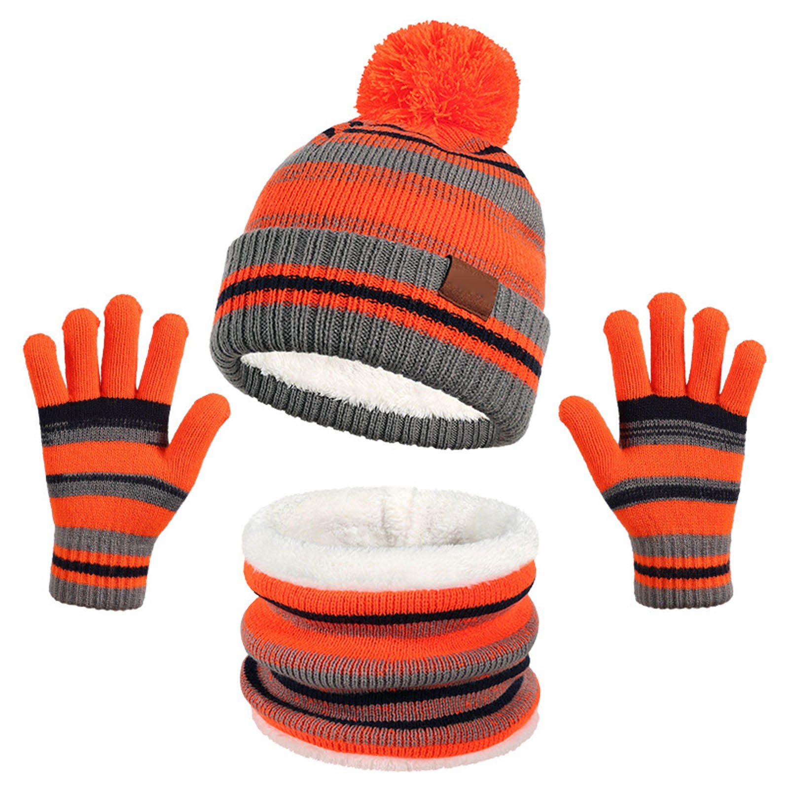 thumbnail image 2 of Borde niños sombrero babero y guantes conjunto otoño e invierno de punto y forro polar cálido sombrero bola de pelo 3 Piece Set, 2 of 2